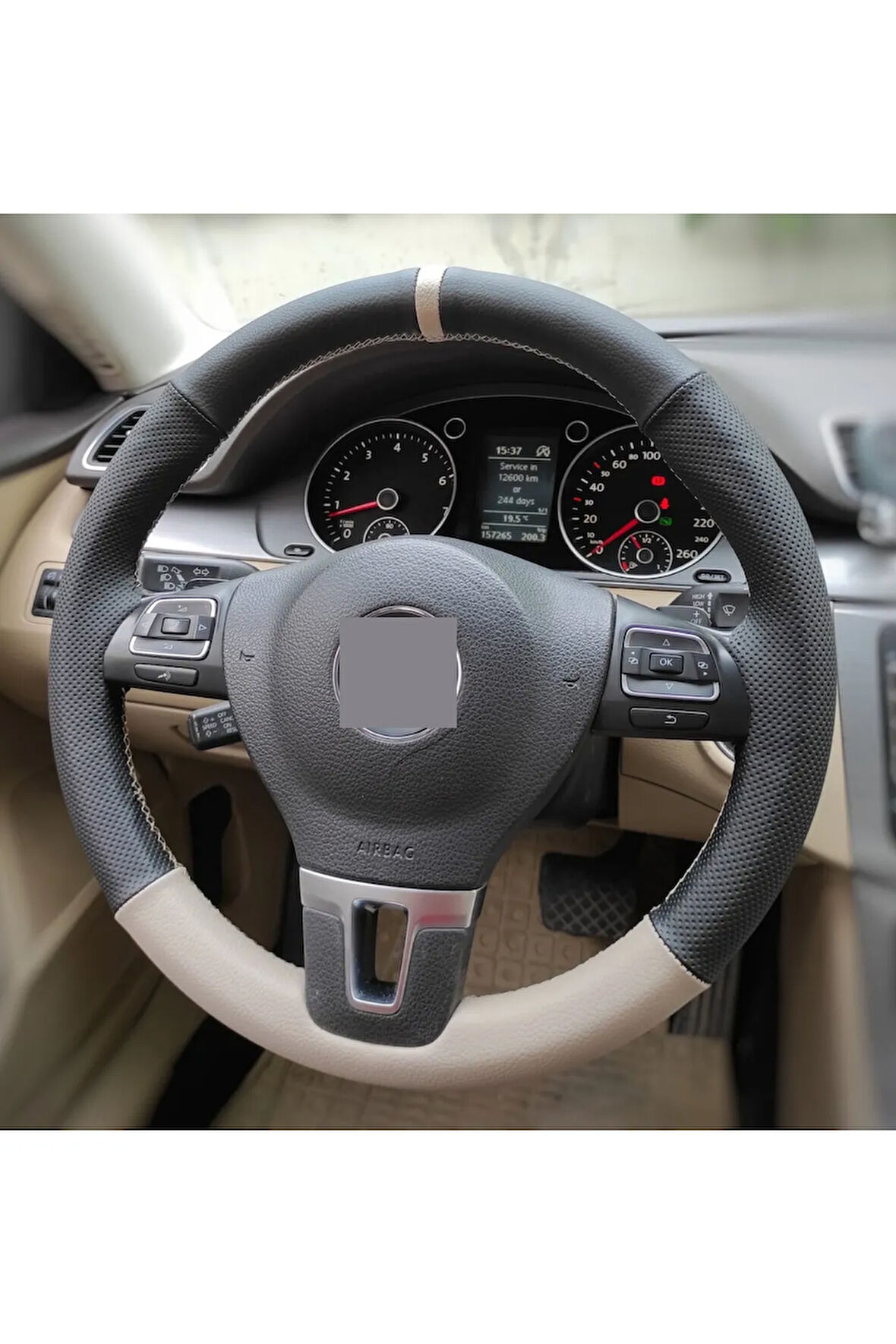 Volkswagen Golf 7 Özel Kombin Nokta Alt Koyu Bej Yüzüklü Dikmeli Deri Direksiyon Kılıfı