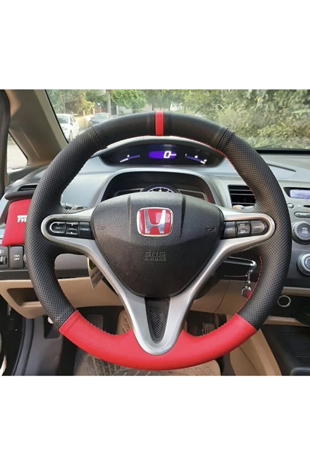 Honda Cıvıc Fd6 Araç Için Kırmızı Yüzüklü Noktalı Deri Araç Simit Direksiyon Kılıfı