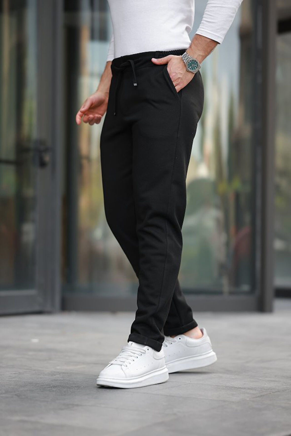 Erkek Beli Bağcıklı Duble Paça örme Pamuklu Kumaş Jogger Pantolon