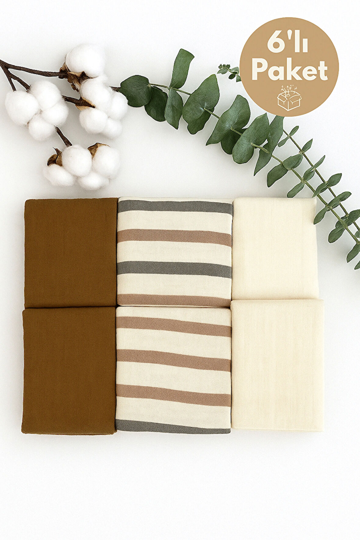 6'lı Desenli Organik Müslin Bebek Ağız Mendili %100 Pamuk, Ter Bezi, Omuz Bezi  (22x23 cm)