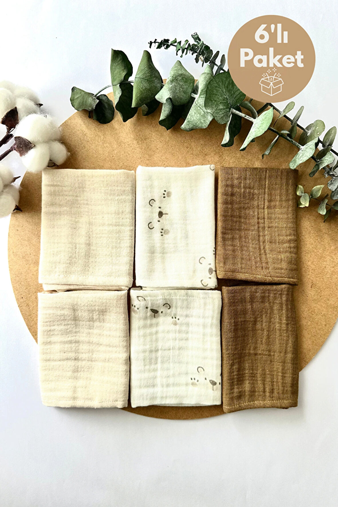 6'lı Desenli Organik Müslin Bebek Ağız Mendili %100 Pamuk, Ter Bezi, Omuz Bezi (22x23 cm)