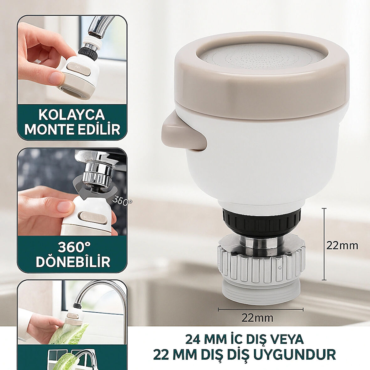 360° Döner Başlıklı Mutfak Musluk Ucu – 3 Fonksiyonlu Su Tasarruflu Püskürtme Başlığı Aparatı