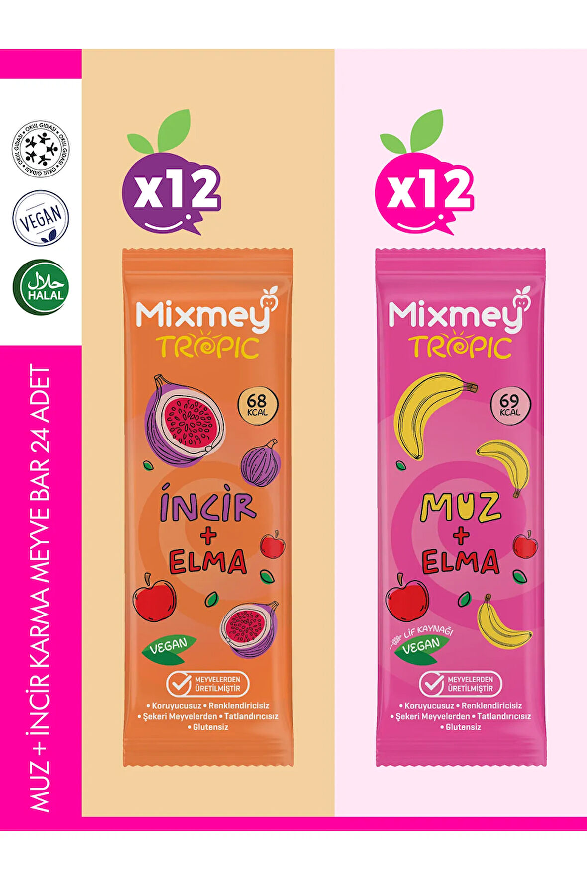 Muz + İncir Karma Meyve Barı 24 Adet | Sağlıklı Atıştırmalıklar – Vegan, Glutensiz (20GR X 24 ADET)