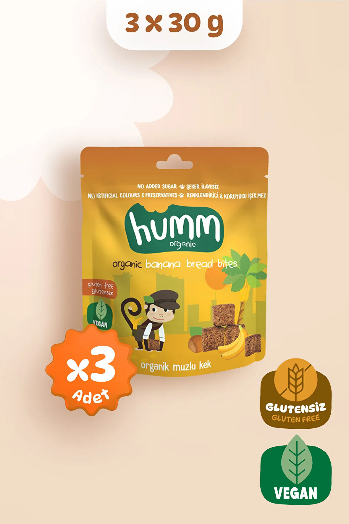 Humm Organic Organik Glutensiz Vegan Muzlu Kek Atıştırmalık Paketi - 30 G X 3 adet