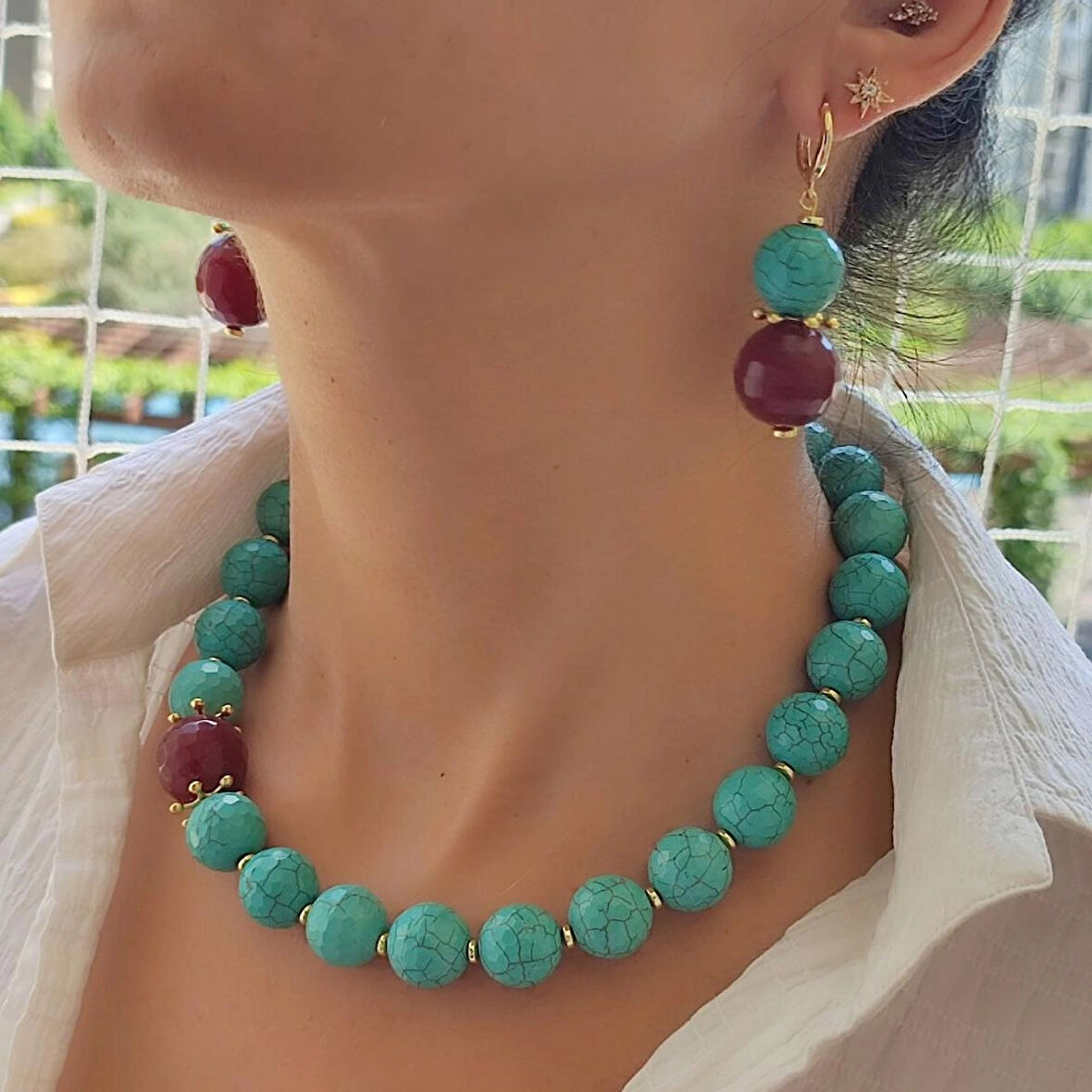Doğal  Turkuaz Taş Kolye, Değerli taş Choker, Sevgiliye Hediye Kolye, Özel Gün Hediye, Mavi Bordo Kolye Tasarım, Firuze Kolye