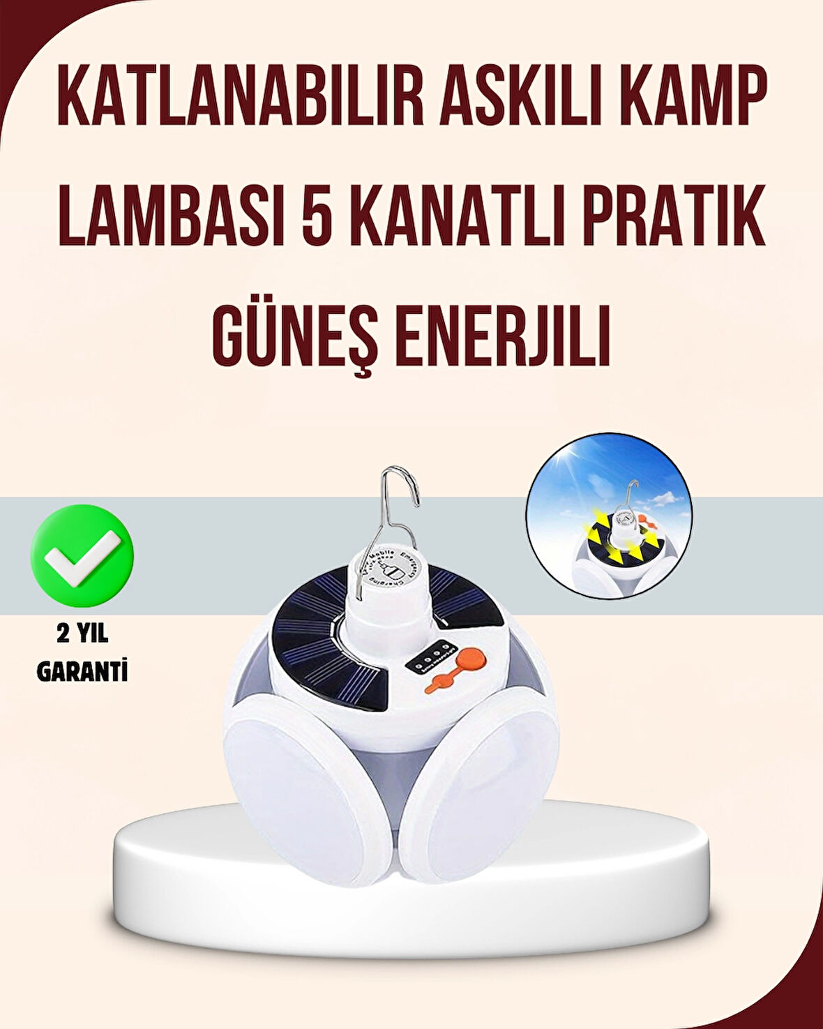 Güneş Paneliyle Şarj Olan Katlanabilir LED Çadır Lambası – 5 Kademeli Aydınlatma