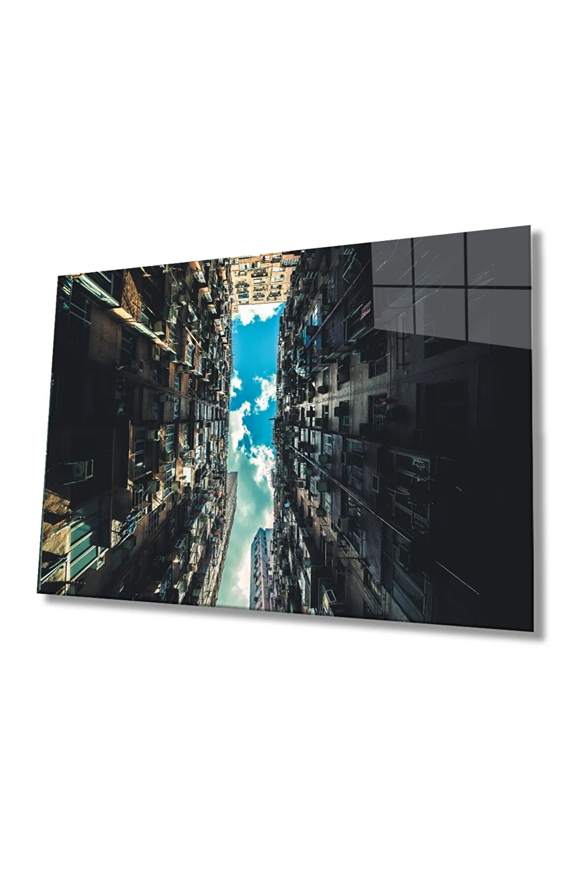  Miyrem Glasses Collection -A1^#  Bina Görüntüsü ve Mavi Beyaz Bulutlar Cam Tablo 4mm Dayanıklı Cam