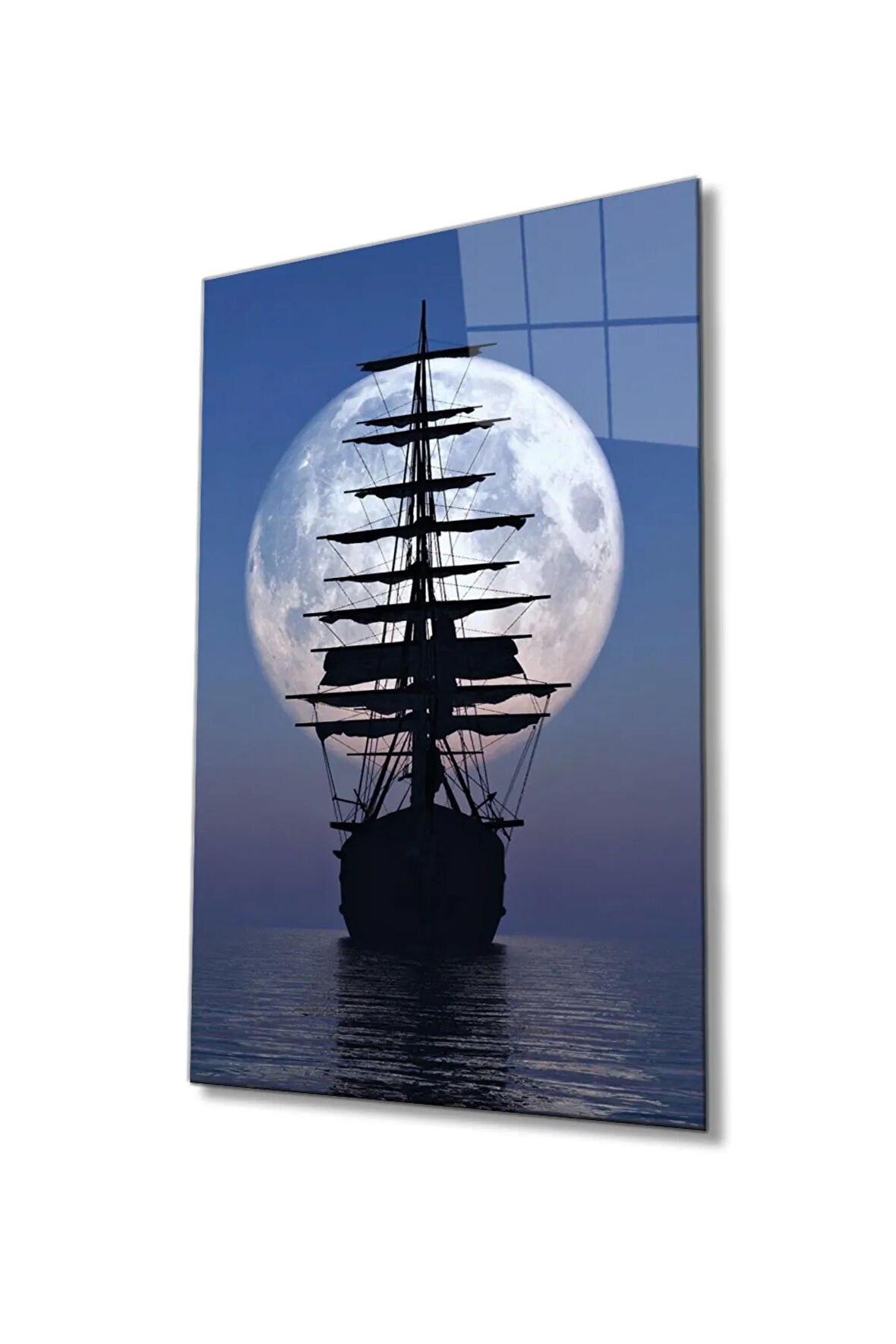  Miyrem Glasses Collection -A1^#  Ay Gece Yelkenli Gemi Cam Tablo, Cam Tablo