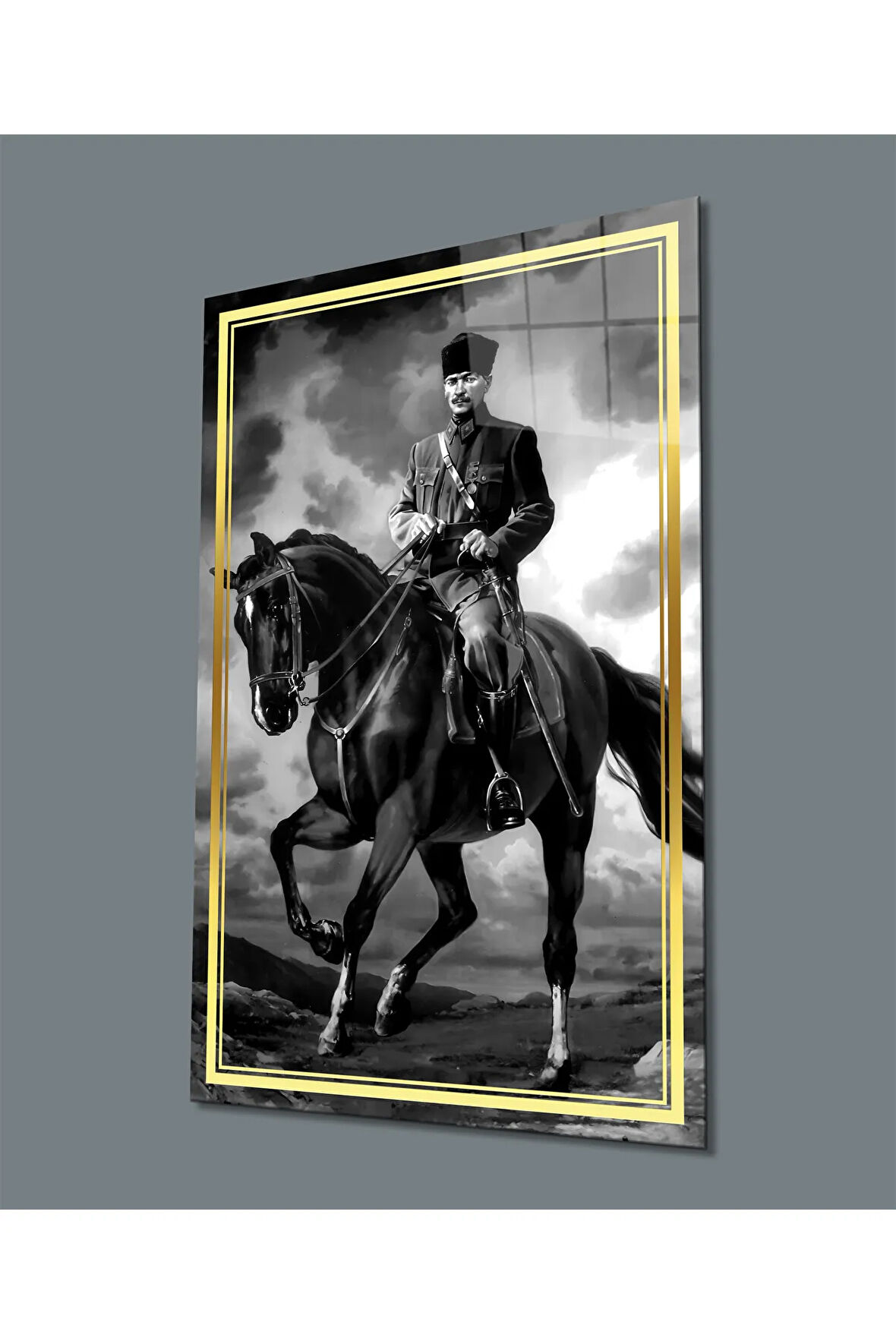  Miyrem Glasses Collection -A1^#  Gold Şerit Siyah Beyaz At Üzerinde Atatürk Cam Tablo