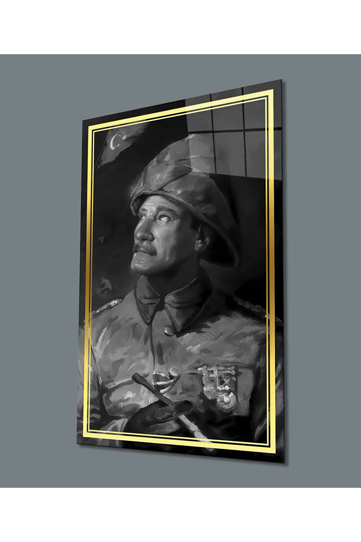  Miyrem Glasses Collection -A1^#  Gold Şerit Siyah Beyaz Yapay Zeka Üniformalı Atatürk Cam Tablo