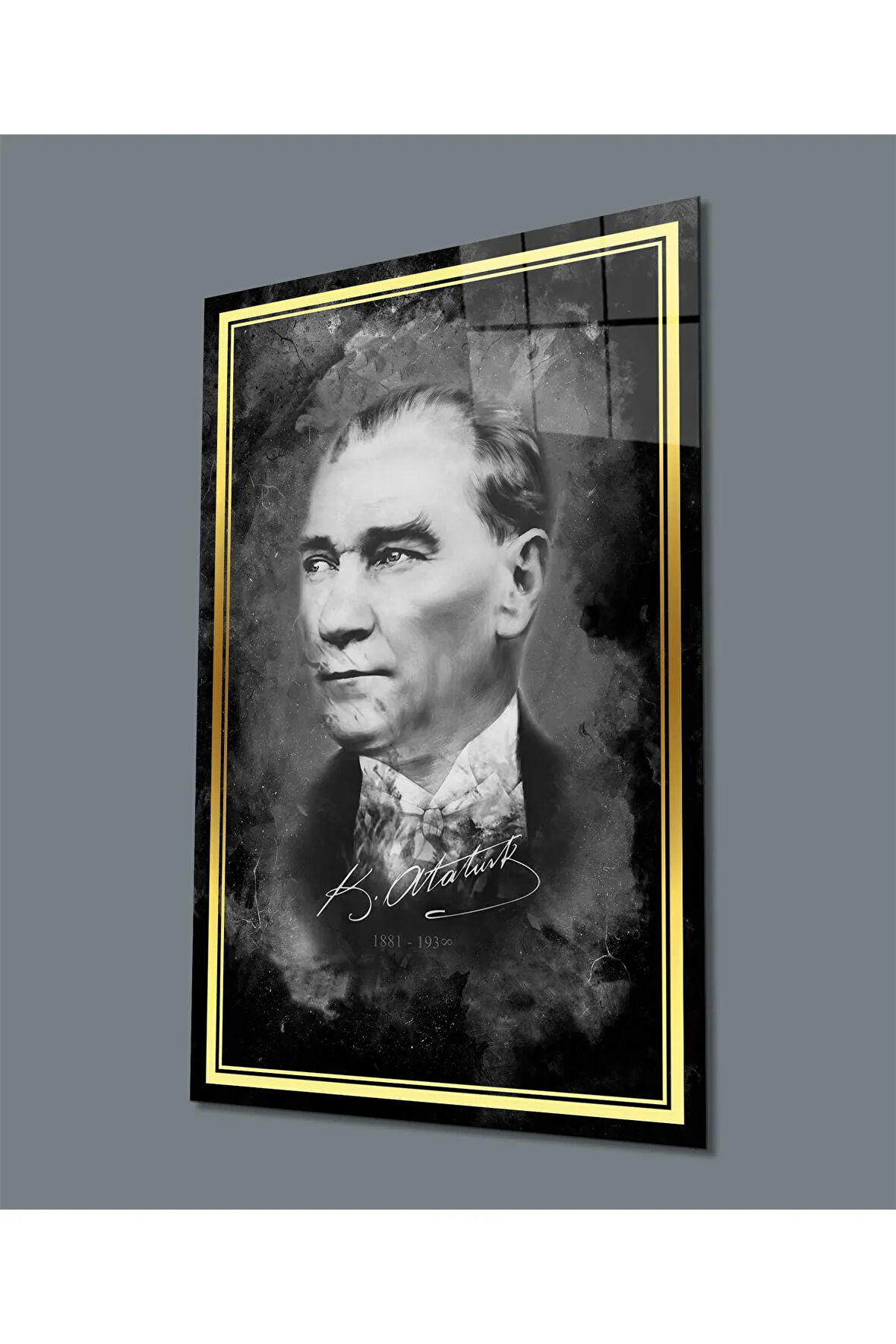  Miyrem Glasses Collection -A1^#  Gold Şerit Atatürk Portresi Siyah Beyaz Cam Tablo