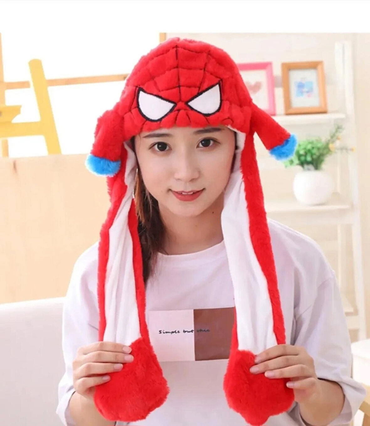 Spider Man Kırmızı Peluş Işıklı Kulakları Oynar Peluş Şapka Bere A Kalite Sevimli