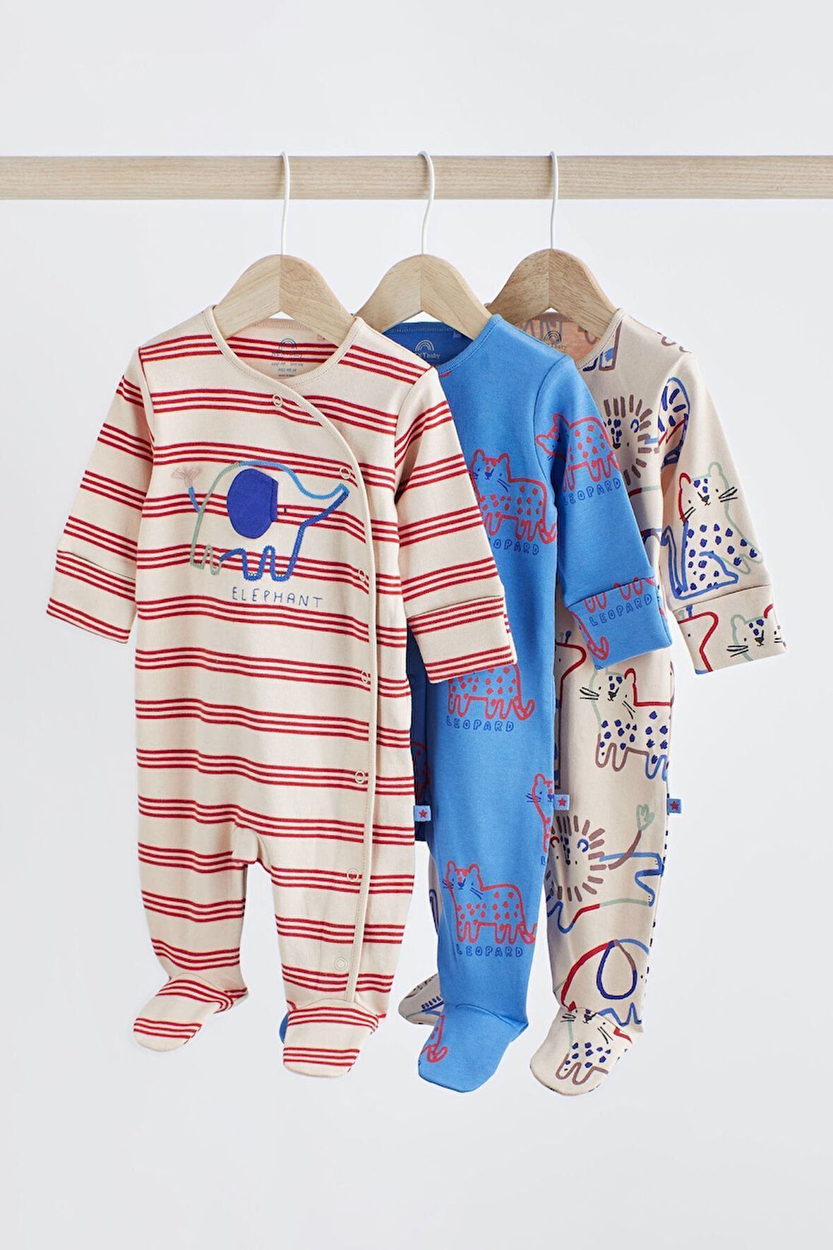 Next Baby % 100 Pamuklu Kırmızı Çizgili Hayvan Karakterli 3’lü Tulum Set