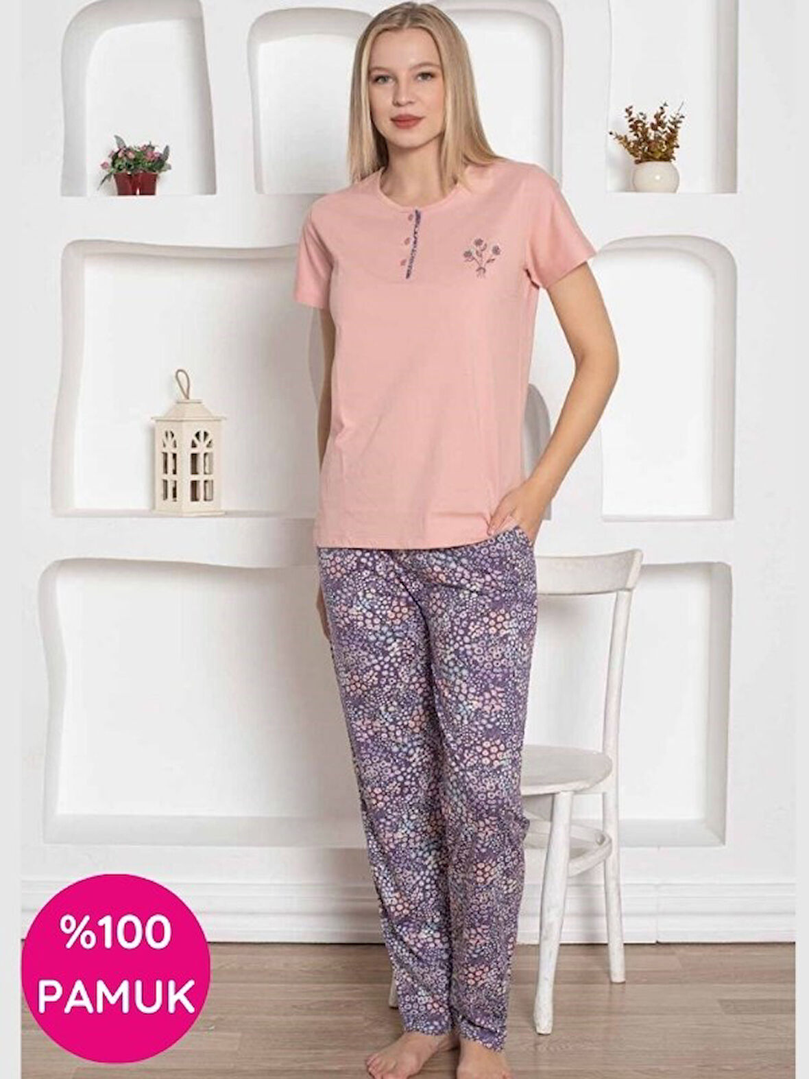 Kadın Çiçek Desen Bisiklet Yaka 3 Düğmeli Kısa Kol Cepli Pijama Takımı