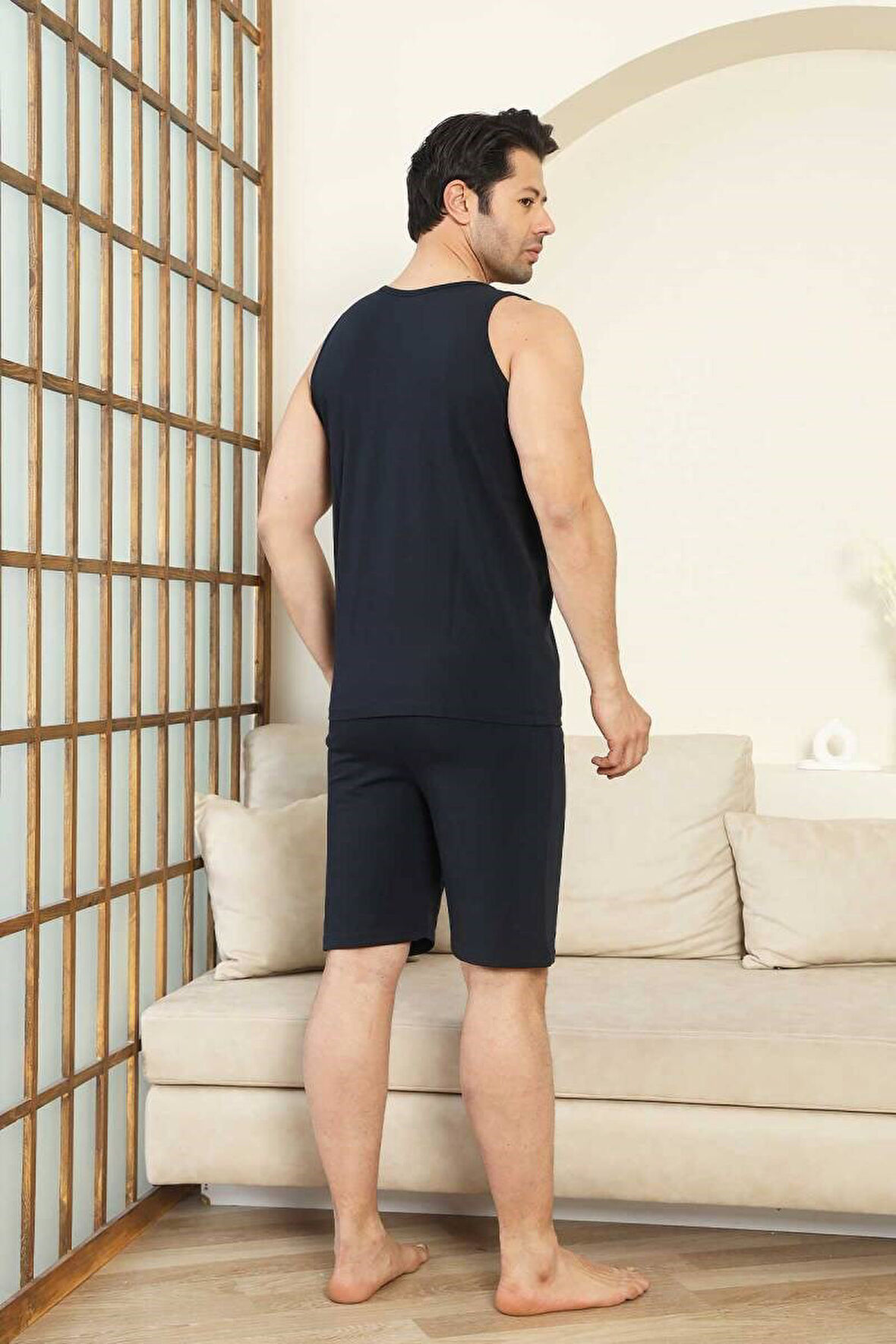 Erkek Bisiklet Yaka Düğmesiz %100 Pamuk Atlet Sporcu Kol Cepli Şortlu Pijama Takımı