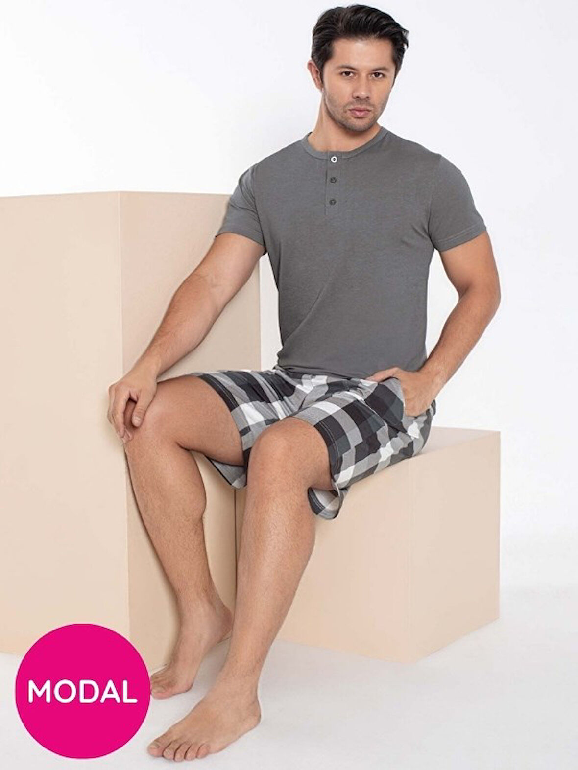 Erkek Bisiklet Yaka 3 Düğmeli Ekose Desen Modal Kısa Kol Cepli Şortlu Pijama Takımı