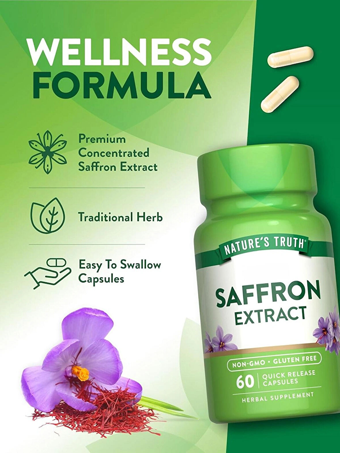 Nature's Truth Saffron(Safran) Extract Capsules | 60 Count | Concentrated Extract | Non-GMO & Gluten Free