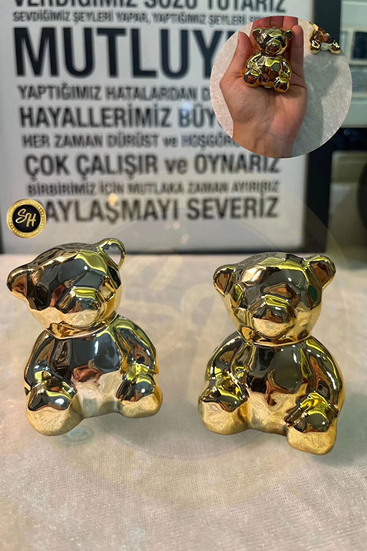 1-adet Küçük Boy Ayıcık Biblo Panda Gold Biblo Dekoratif Sunumluk Dekor