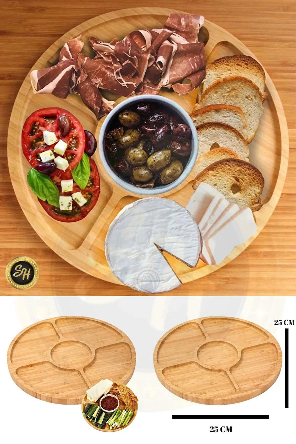 5 Bölmeli Sunum Tabağı Kahvaltılık , Çerezlik, Sunumluk Bambu Yuvarlak