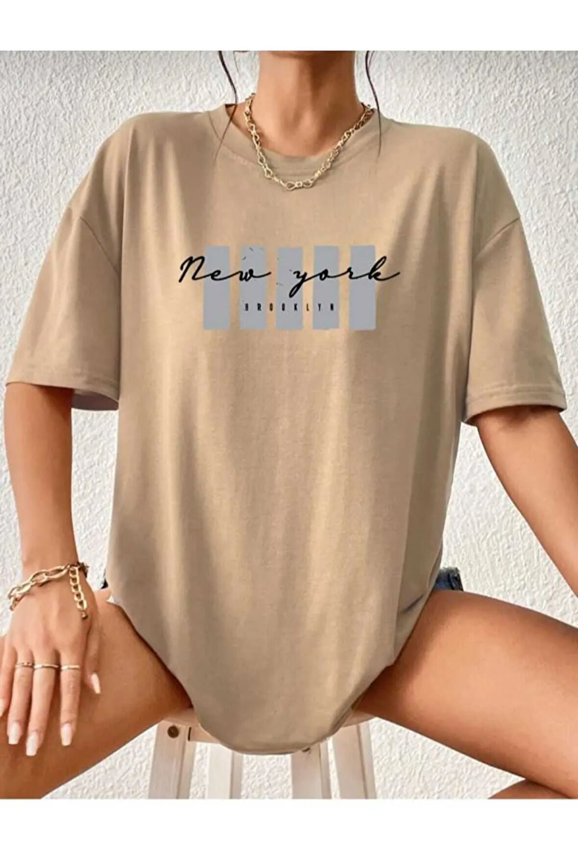 malkoçbey newyork broklıyn baskılı overisze unisex basic t-şhirt