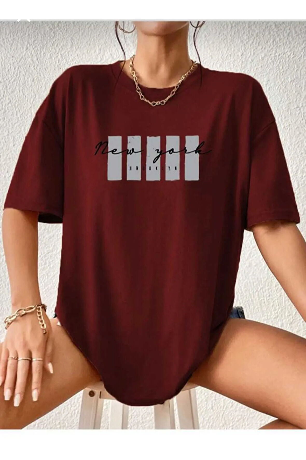 malkoçbey newyork broklıyn baskılı overisze unisex basic t-şhirt