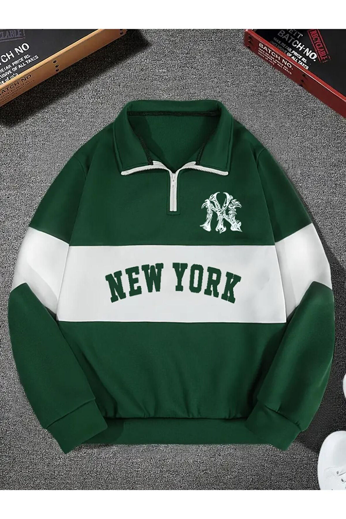 Unisex Yeşil New York Baskılı Oversize Parçalı Polo Yaka Fermuarlı Sweatshirt