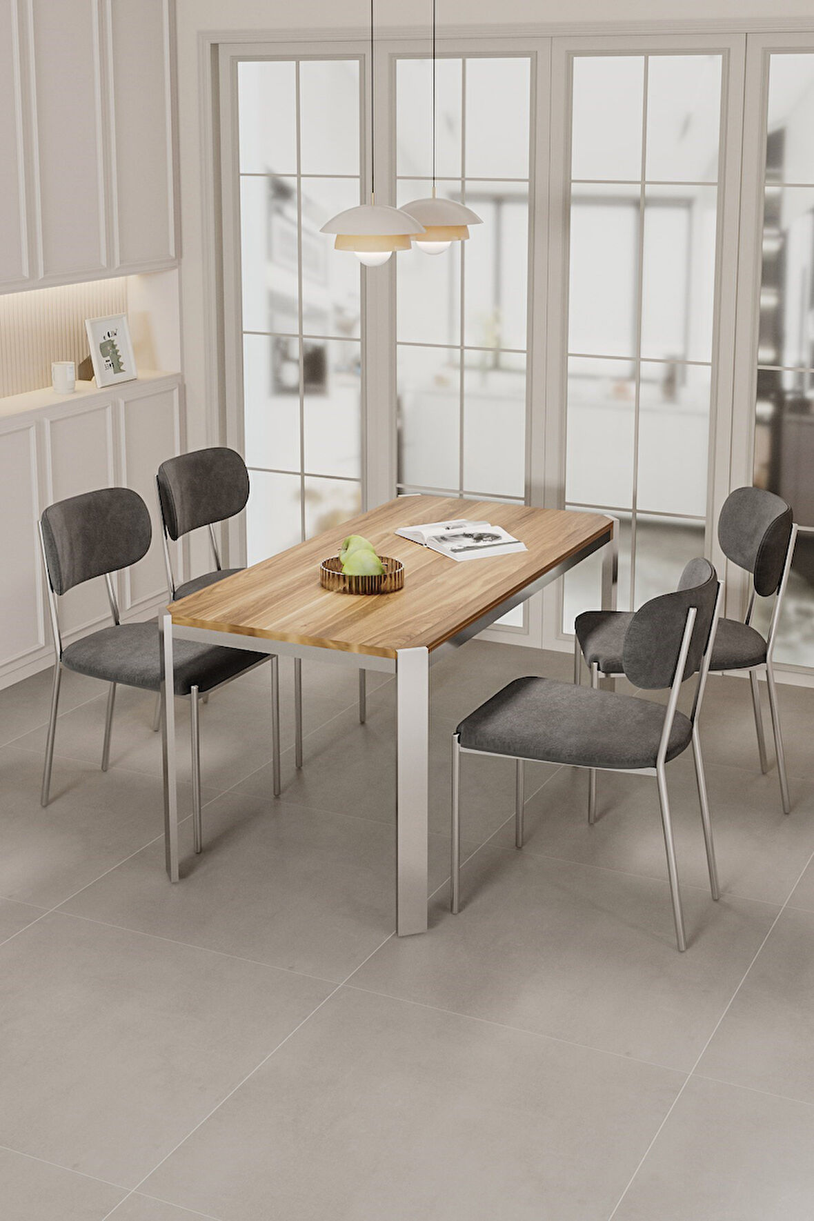 Nexa Demir Metal Ayaklı 70x120 Sabit Masa Yemek Odası Takımı, Mutfak Takımı 4 Adet Sandalye