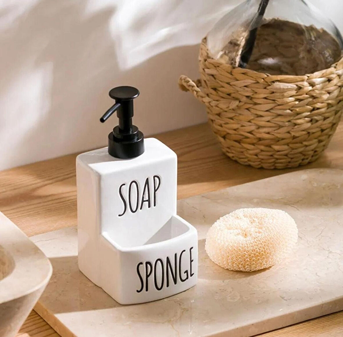  Seramik Sıvı Sabunluk ve Süngerlik | Şık ve Pratik Banyo MUTFAK  17 x 9 cm beyaz renk