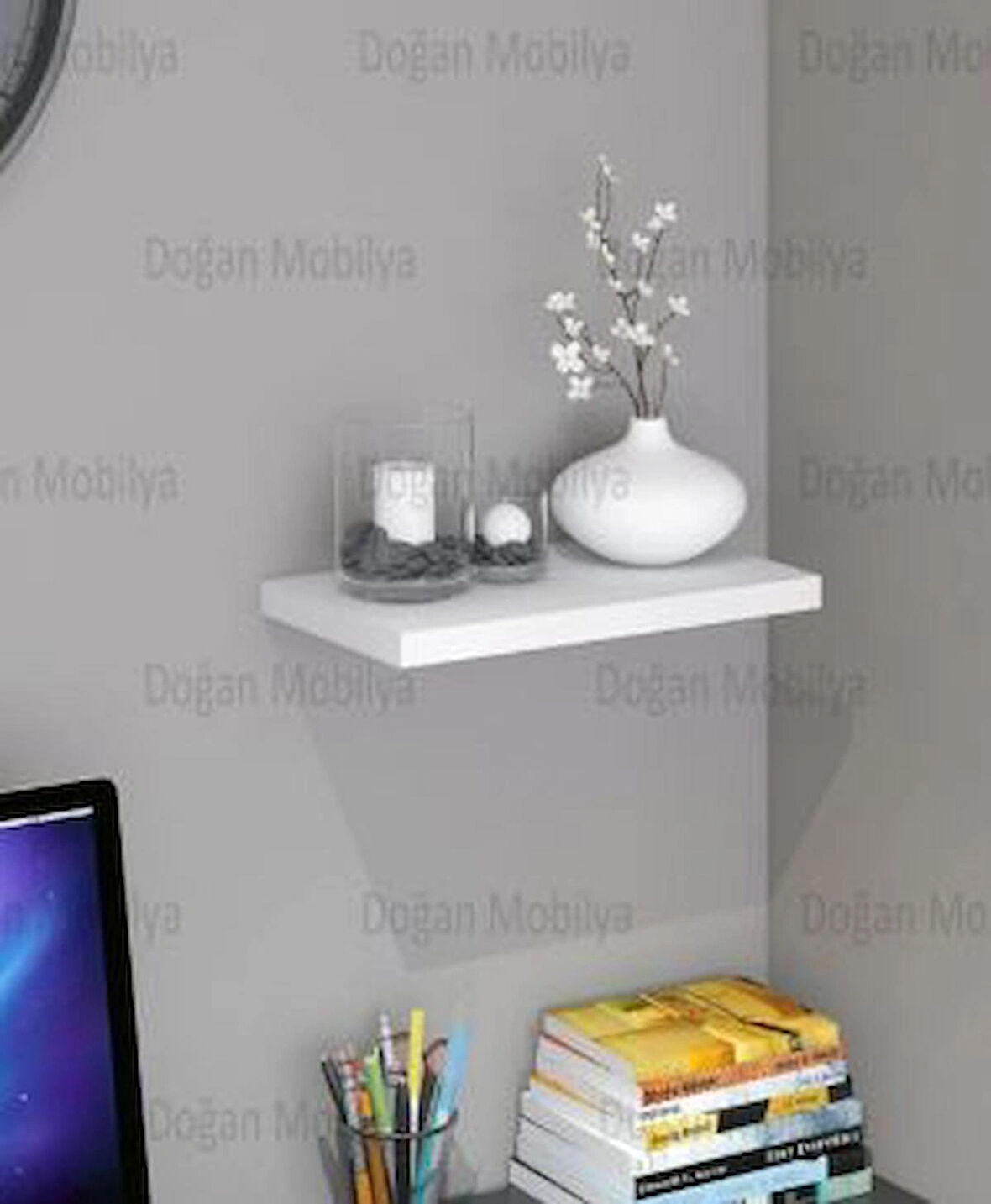 Duvar Rafı Parlak Beyaz Uçan Raf Mdf Gizli Bağlantılı ( 30 X 20 Cm) 18mm Kalınlıkda