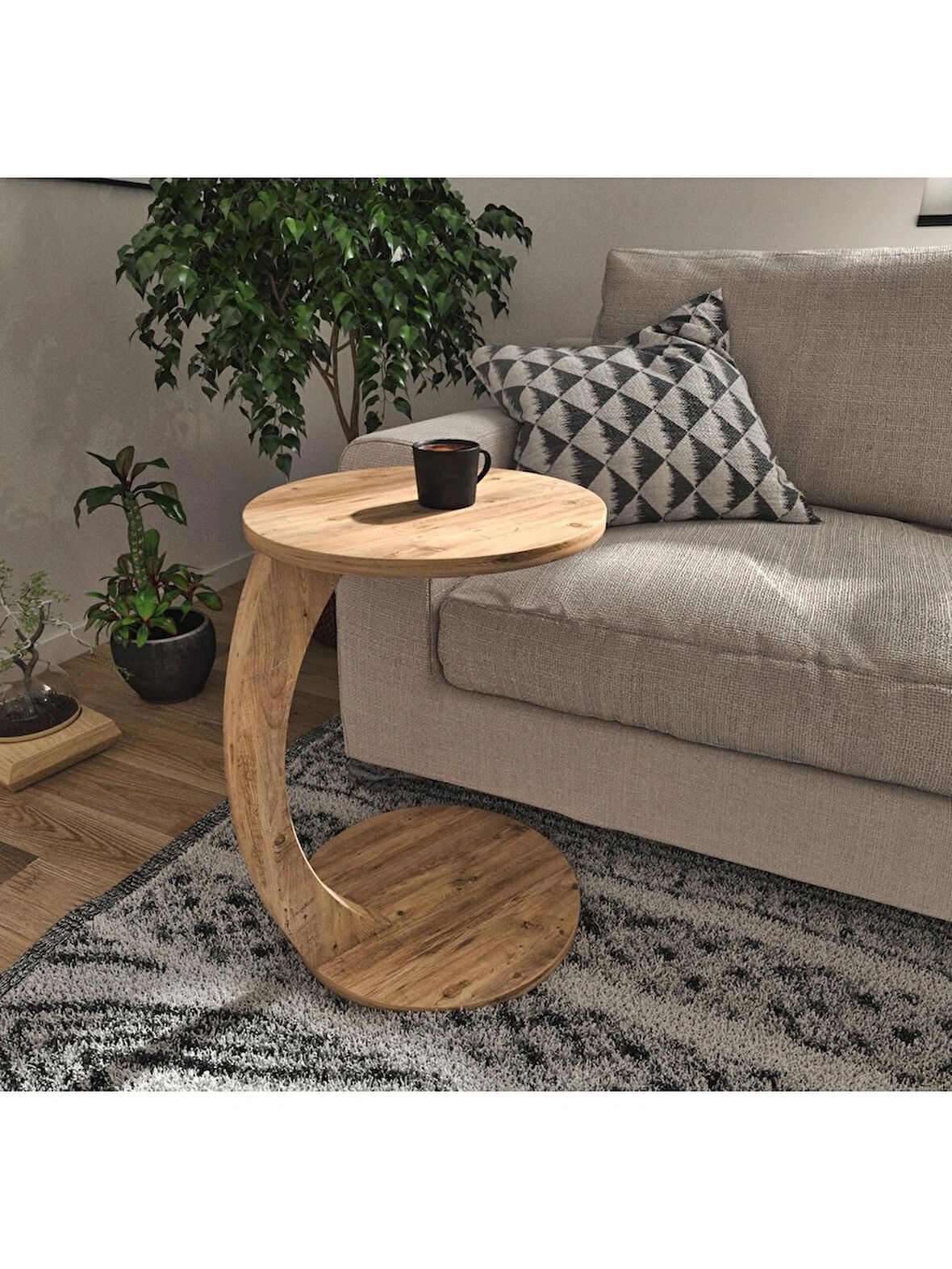 Tekerlekli C Sehpa Koltuk Sehpası HAM MDF Yan Sehpa Zigon Sehpa Servis Sehpası - Atlantik Çam