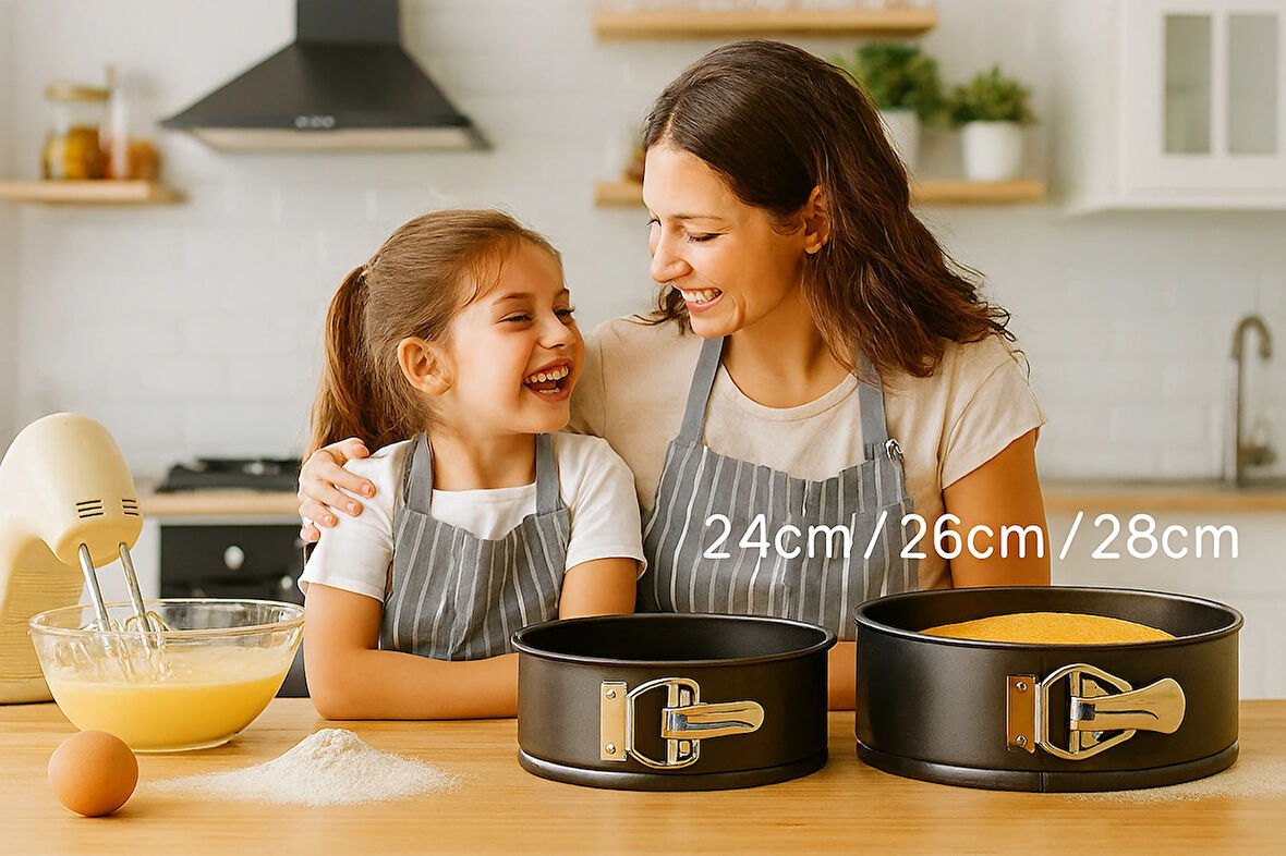 3’lü Metal Kelepçeli Kek Kalıbı Seti 24-26-28 cm Yapışmaz Çıkartılabilir Tabanlı