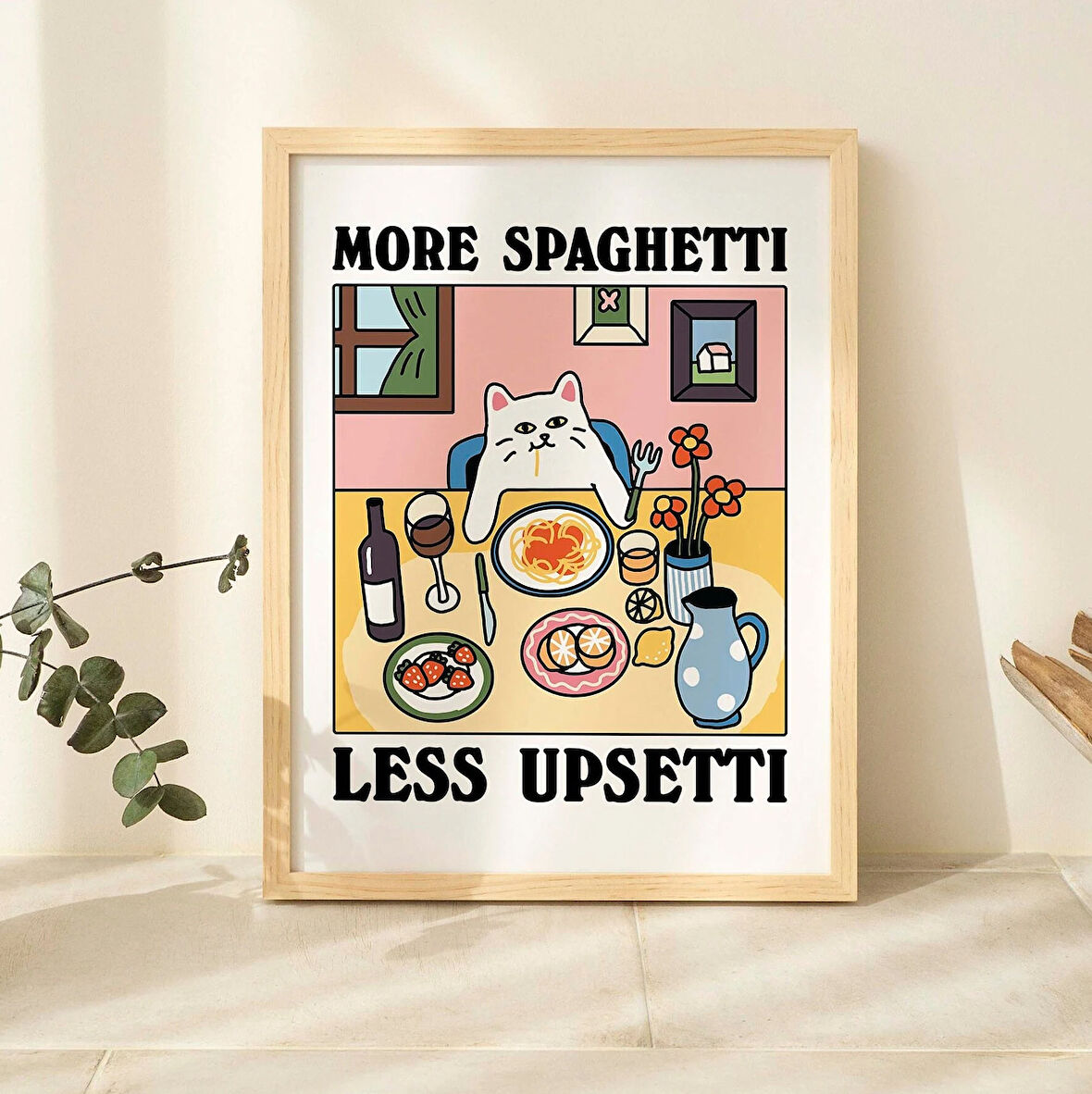 Daha Fazla Spagetti Daha Az Pişmanlık Kedi Baskısı, Retro Lokanta Posteri, Bistro Yemek Makarna Posterleri