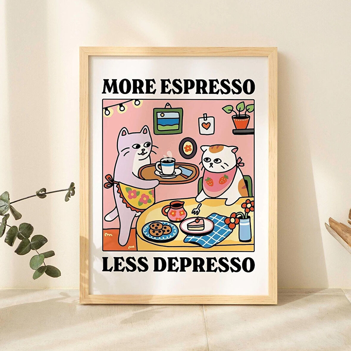 Daha Fazla Espresso Daha Az Depresso Beyaz Kedi Duvar Baskısı, Kahve Kedi Posteri, Mutfak Sanatı, El Yapımı Kedi Kahve Posteri