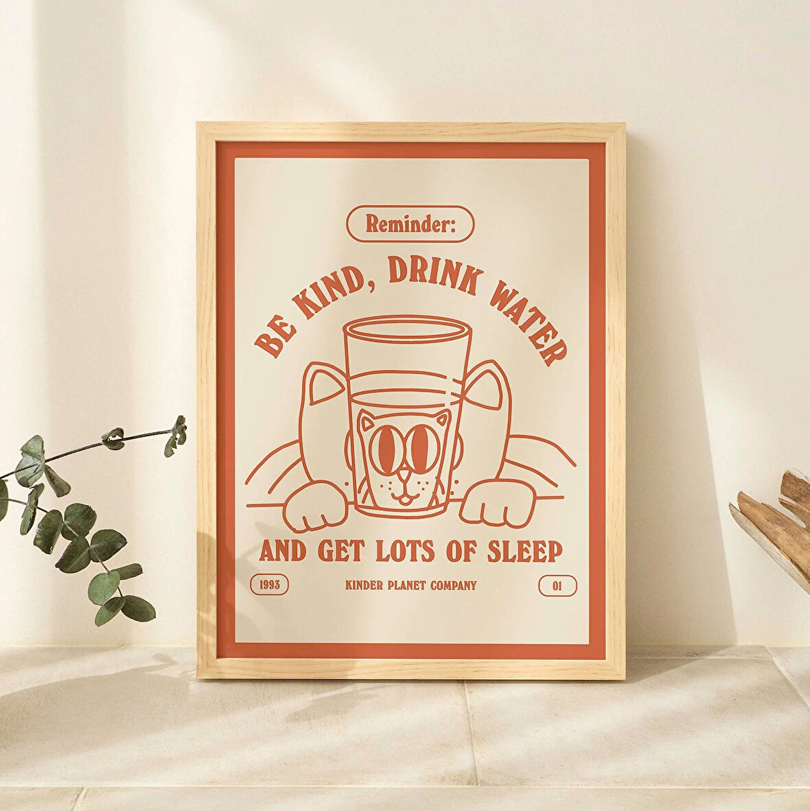 Retro Kedi Su Baskısı, Nazik Ol Su İç Alıntısı, Kendine Bakım Posteri, Olumlama Baskıları