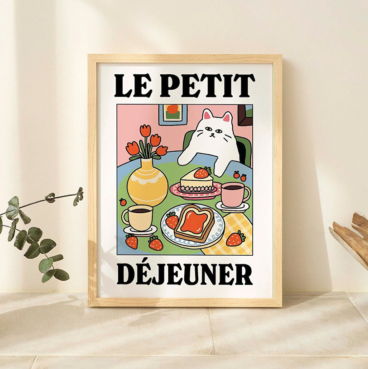 Fransız Kafe Kedi Baskısı, Retro İçecek Posteri, Bistro Kahve Kek Posterleri, Le Petit Dejeuner Kahvaltısı