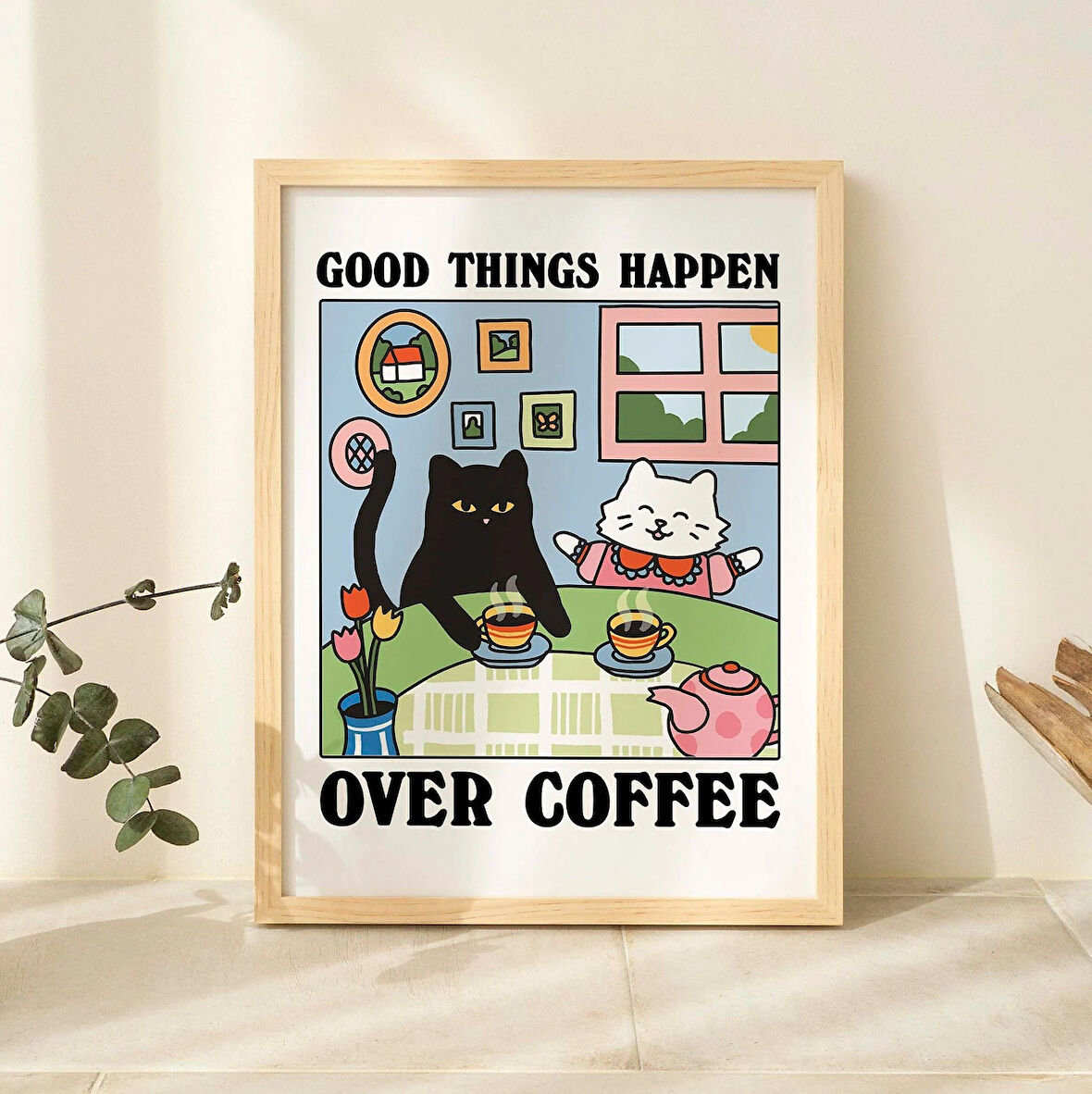 Kahve Kafe Kedi Baskısı, Retro İçecek Posteri, Bistro Kahve Kek Posterleri, Kahvede Güzel Şeyler Olur