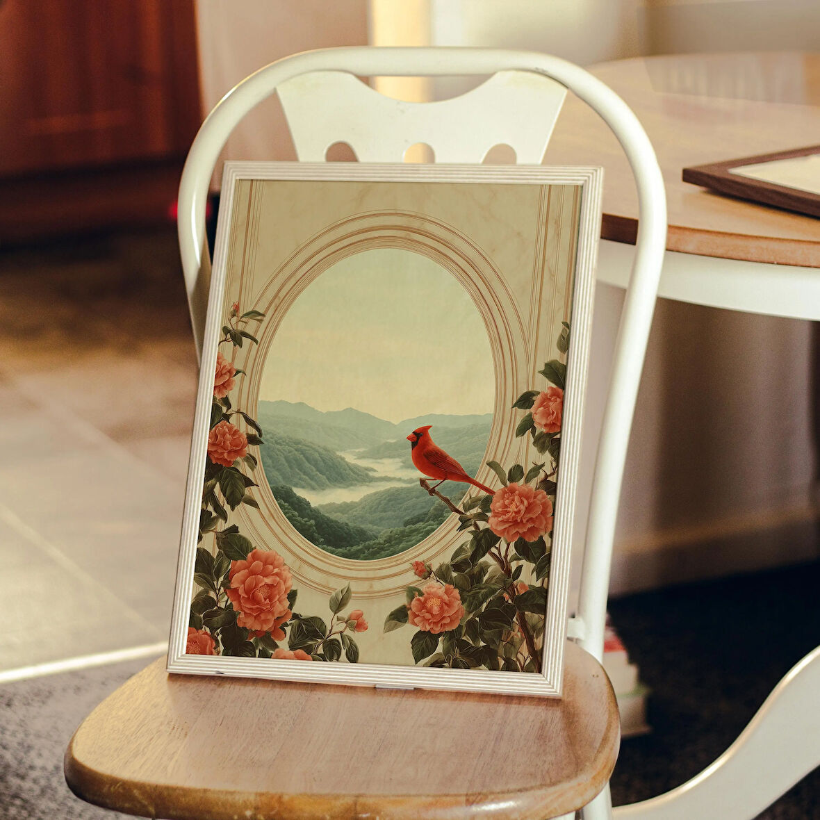 Kırmızı Kardinal Kuşu ve Kamelyalar, Büyükanne Kuşu Çiçek Duvar Sanatı