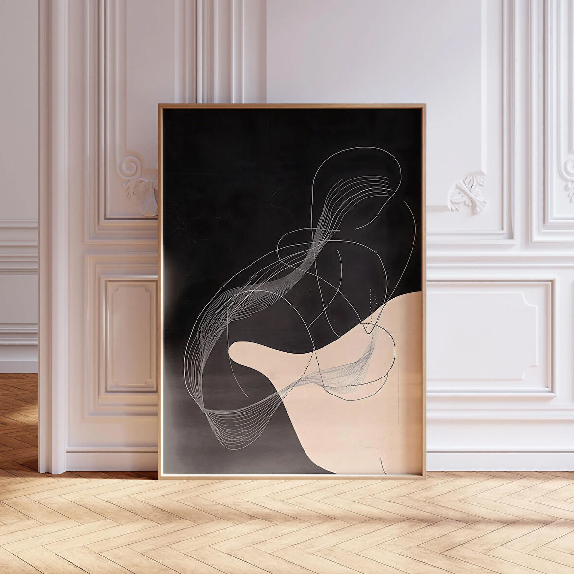 Siyah Bej Modern Soyut Sanat, Büyük Soyut, Orta Yüzyıl Modern Duvar Sanatı