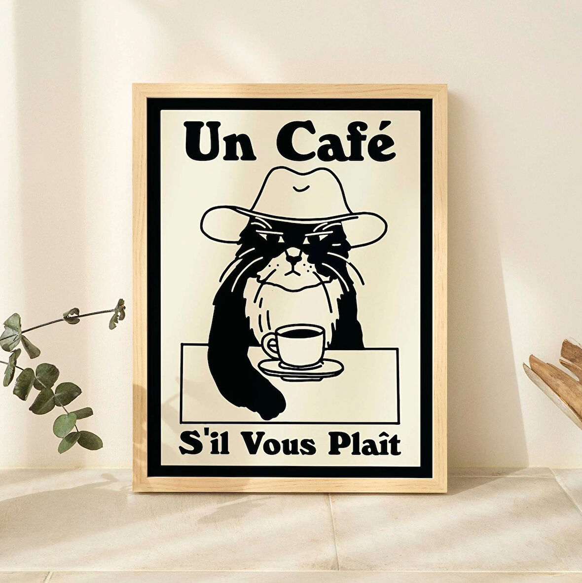 Fransız Kafe Kedi Baskısı, Retro İçecek Posteri, Kovboy Kedi Kahve Posterleri, Un Cafe Sil Vous Plait