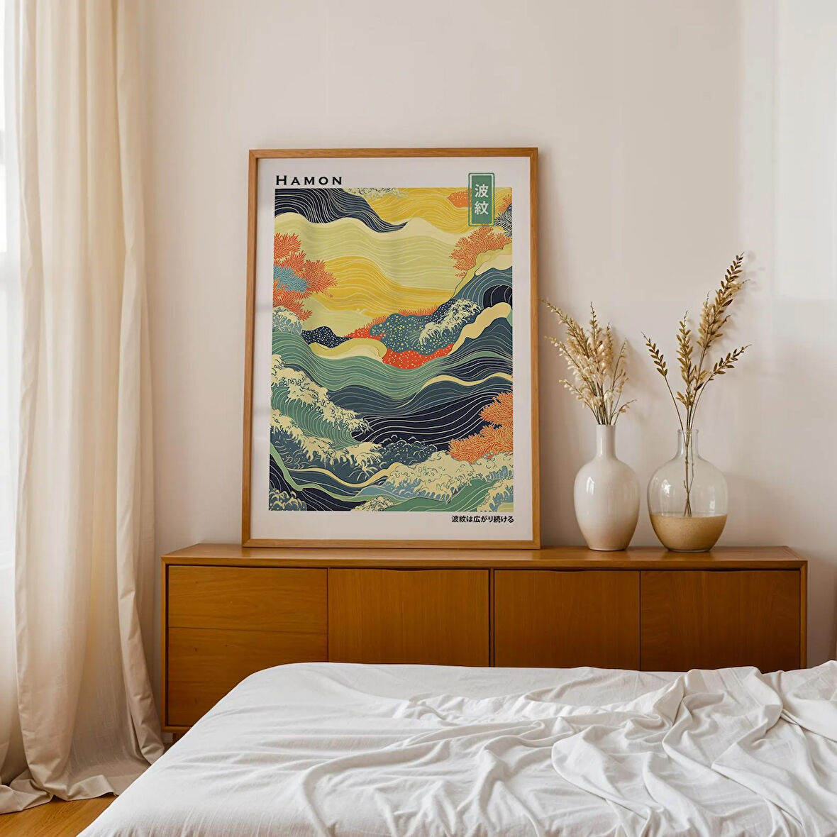 Japandi Dalga Duvar Sanatı, Japon Okyanus Stili, Wabi Sabi Su Deseni