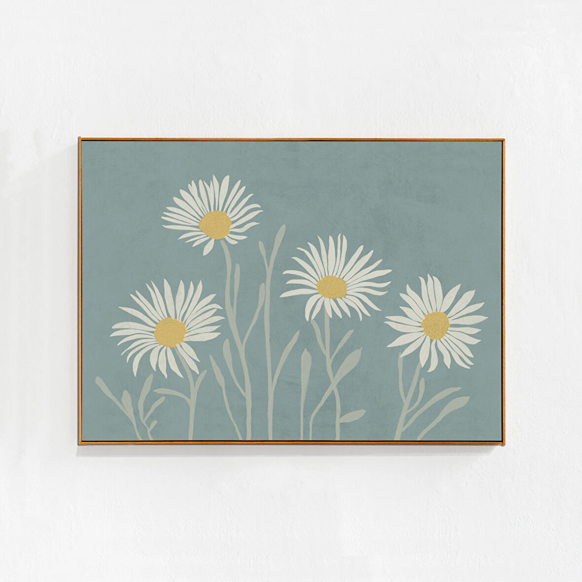 Papatyalar: Pastel duvar dekoru, soluk turkuaz renginde yatay sanat. İskandinav tarzı eklektik çiçek desenli pastel sanat posteri