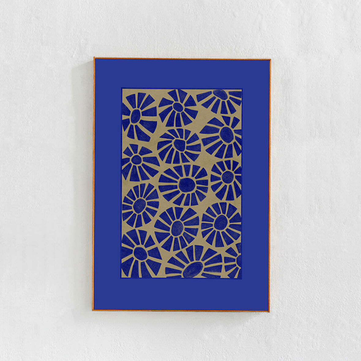 Kobalt Mavisi ve Bej Soyut Duvar Sanatı: Çiçek sanatı, İskandinav bohem tarzı, çağdaş oturma odası