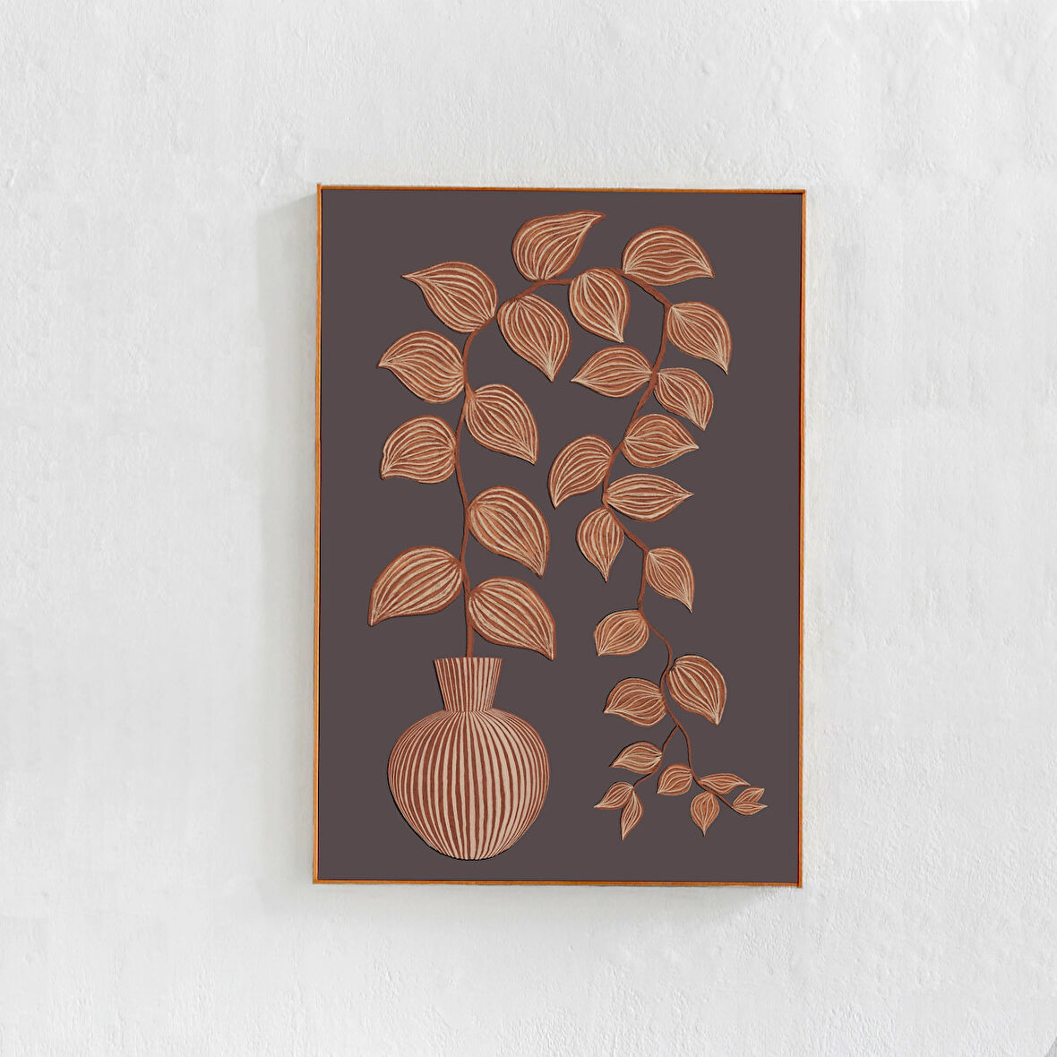 Vazoda Bitki Sanatı: Oturma odası veya yurt odası için özgün eklektik sanat. Sıcak toprak tonlarında modern estetik sanat.