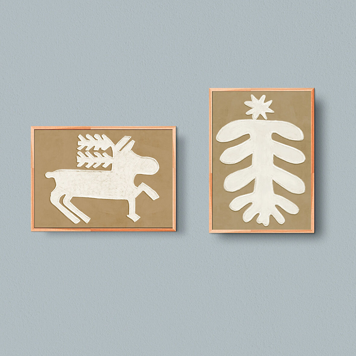 Nötr Noel Ev Dekorasyonu Poster Seti 2'li, Bej Duvar Sanatı: Ağaç Ren Geyiği Sanat Seti