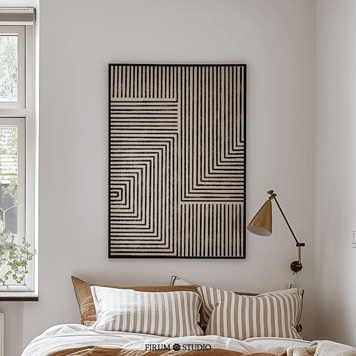 Bej Siyah Fırça Darbesi Duvar Sanatı, Geometrik, Çizgili Poster
