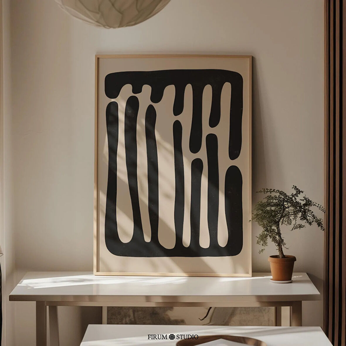 Organik Minimalist Bej Siyah Duvar Sanatı, Büyük Soyut