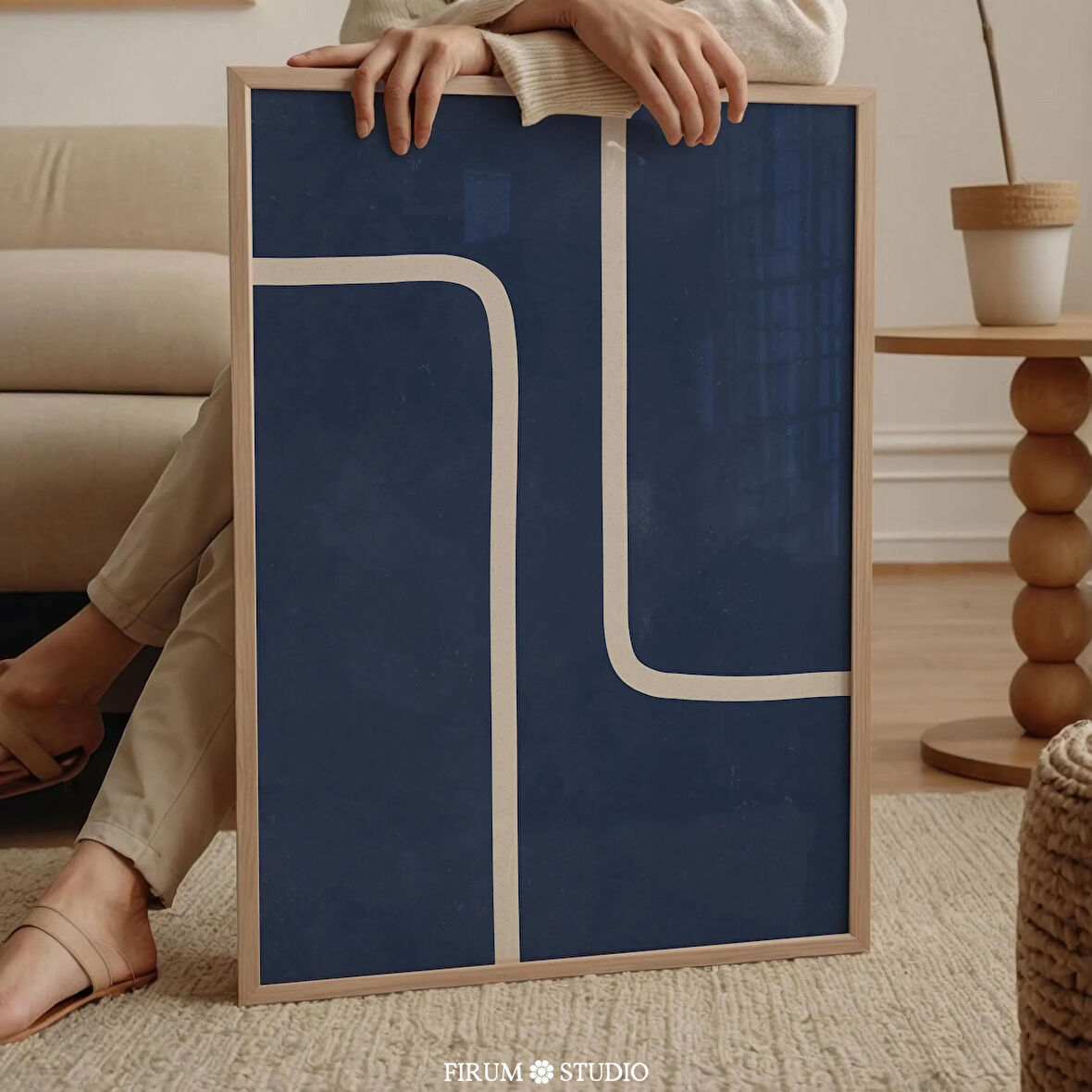 Lacivert Minimalist Çizgili Duvar Sanatı, Orta Yüzyıl Modern