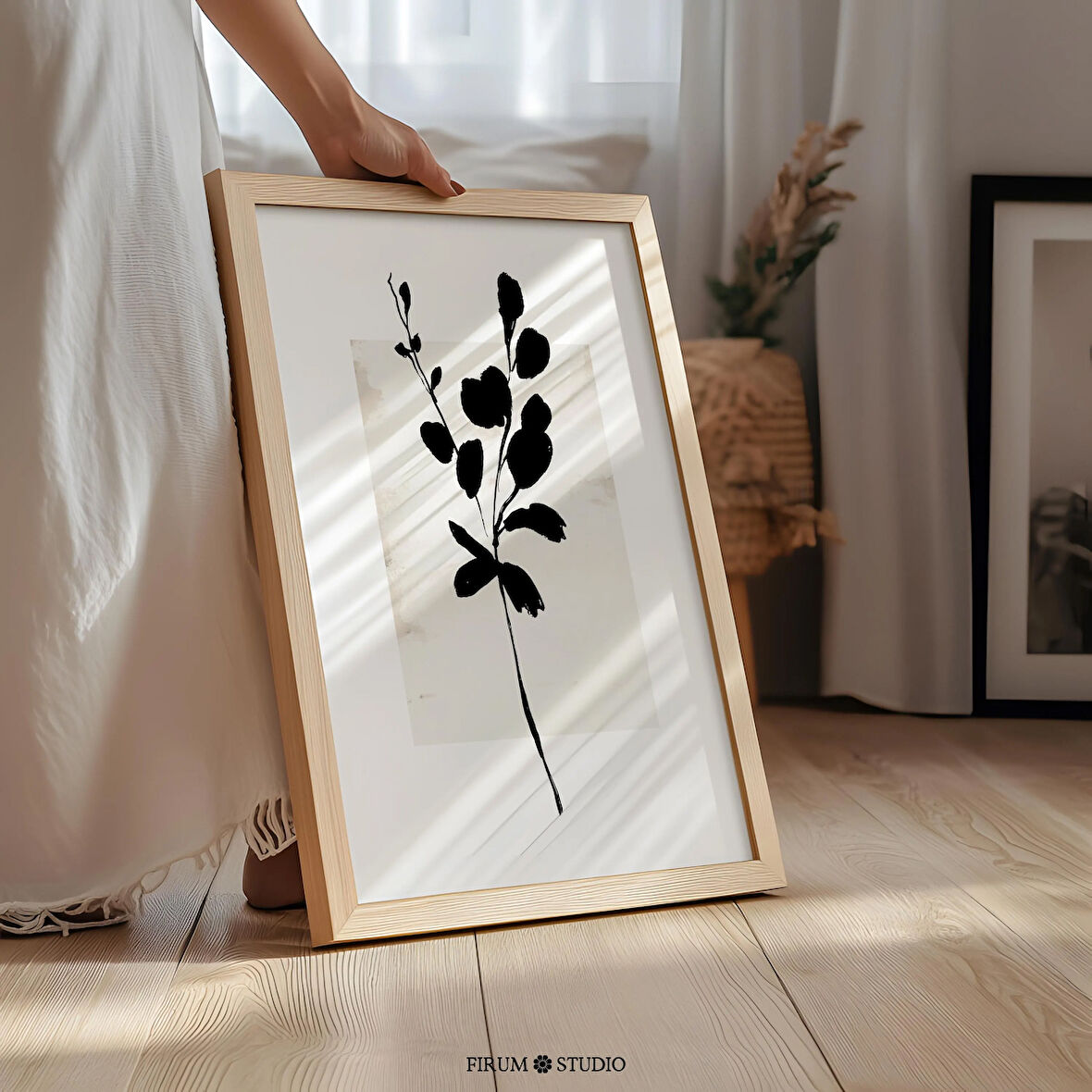 Soyut Botanik Bej ve Siyah Duvar Sanatı, Minimalist Poster