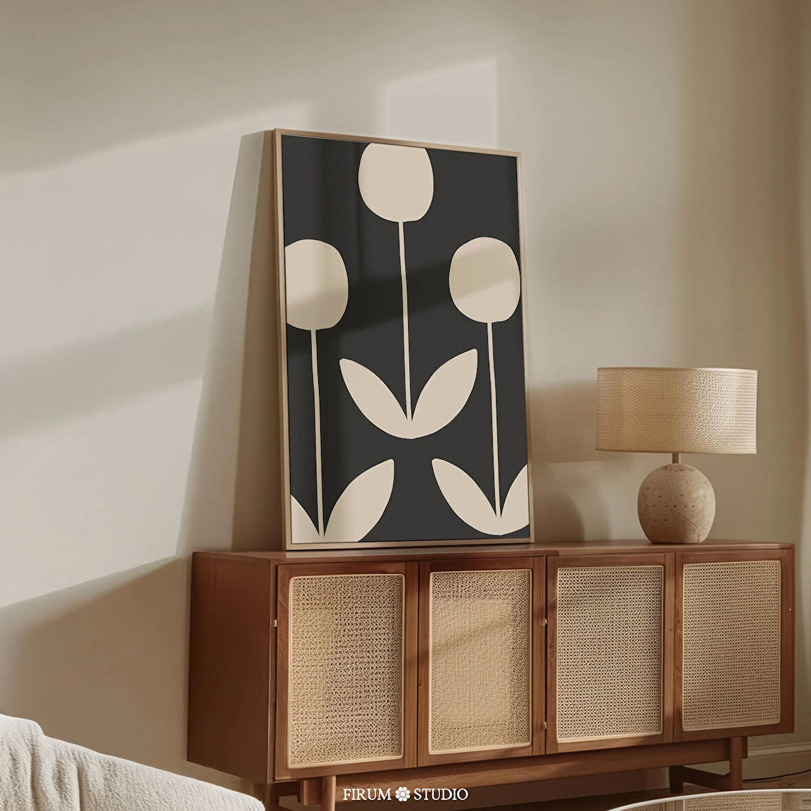 Soyut Çiçekli Orta Yüzyıl Modern Duvar Sanatı, Bej ve Siyah Ofis Siyahı