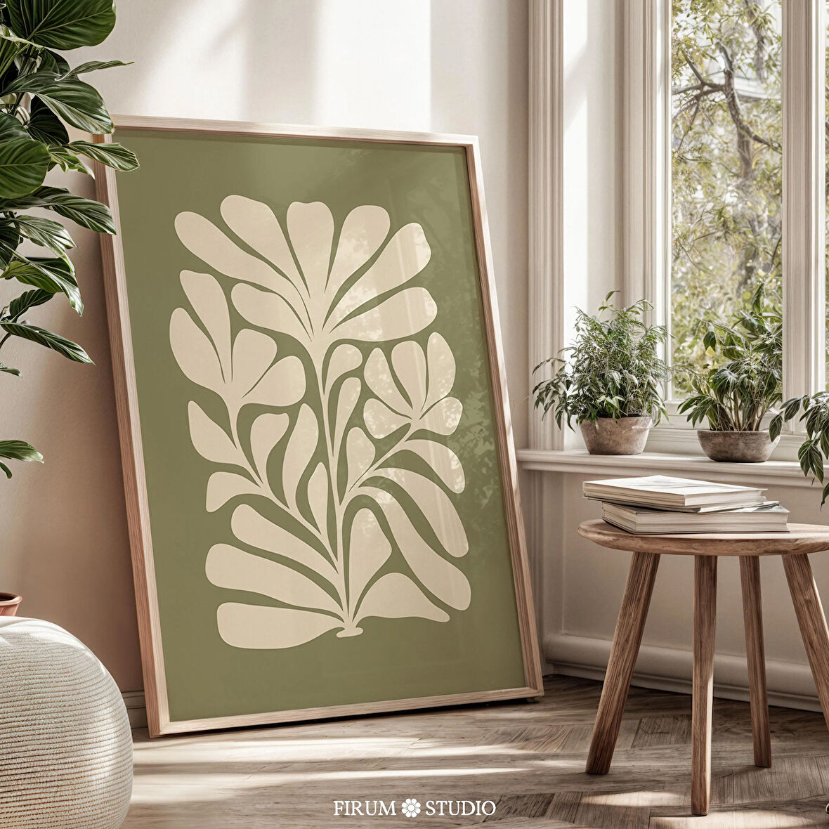 Sönük Yeşil Soyut Botanik Sanatı, Adaçayı Yeşili Akdeniz, Modern Bohem Duvar Dekoru